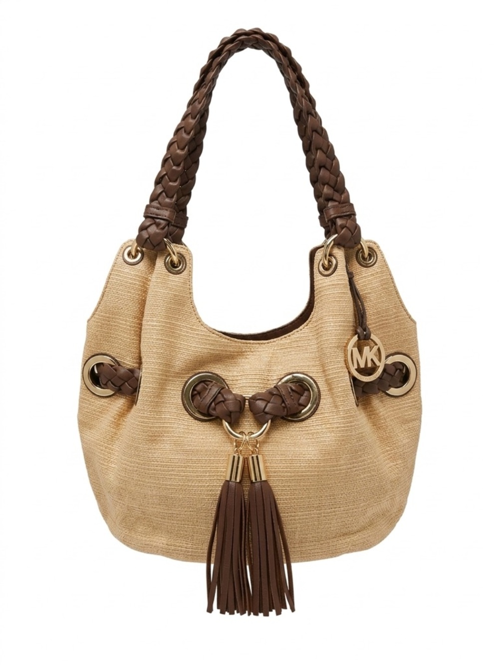 Michael Kors Santorini Straw Hobo Bag Braided Handle Tassel Charm - Picture 2 of 13